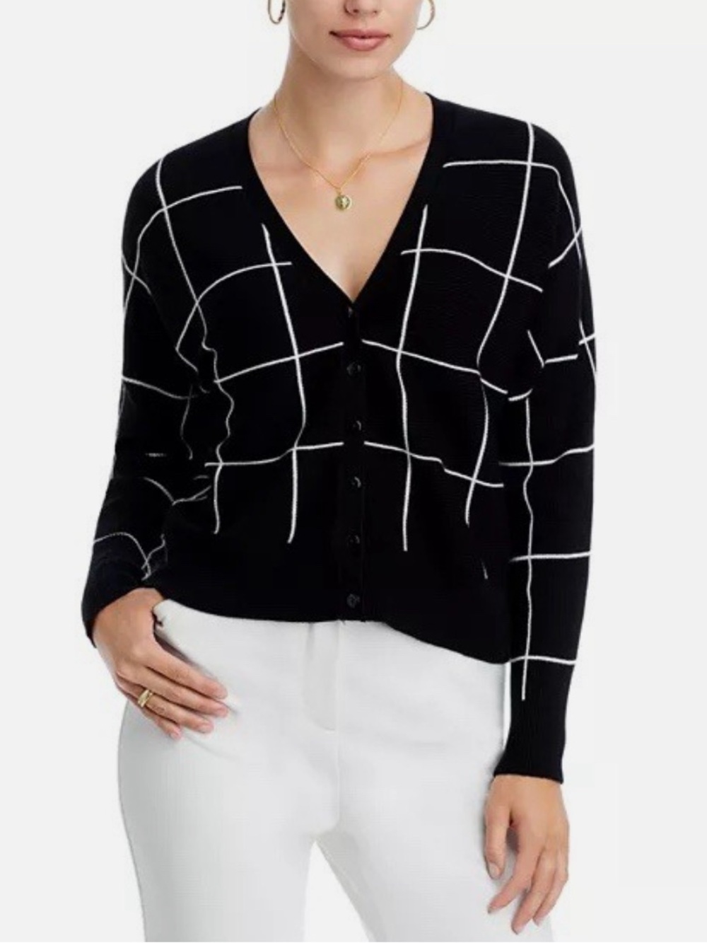 T Tahari Windowpane Dolman Sleeve Cardigan Black/White Grid V-neck Size 3X NWT